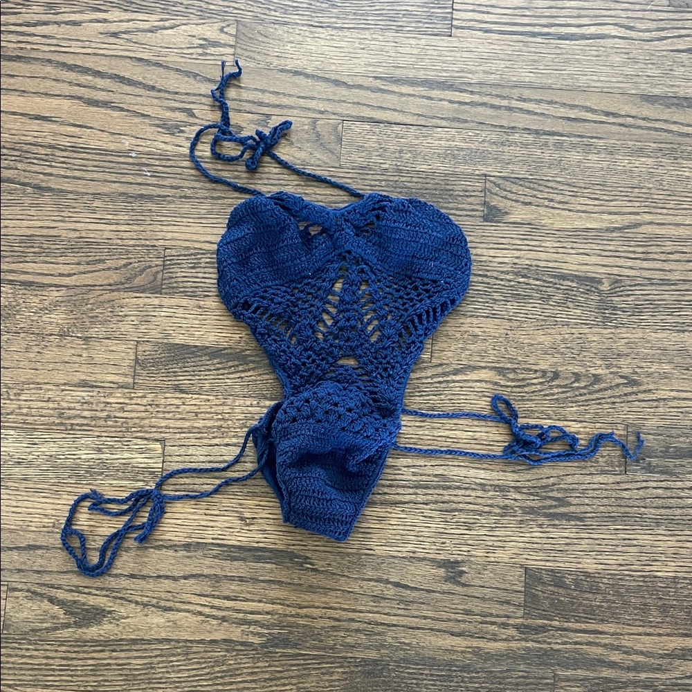 Navy Blue Crochet One-Piece Swimsuit